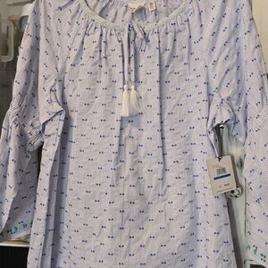 Striped Blue and White Women's Blouse with Tassel